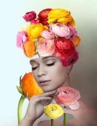 Image of Young woman with beautiful flowers on head against color background. Stylish creative collage design