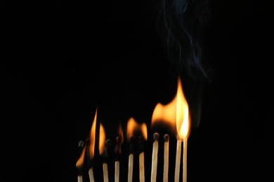 Photo of Line of burning matches on black background, space for text