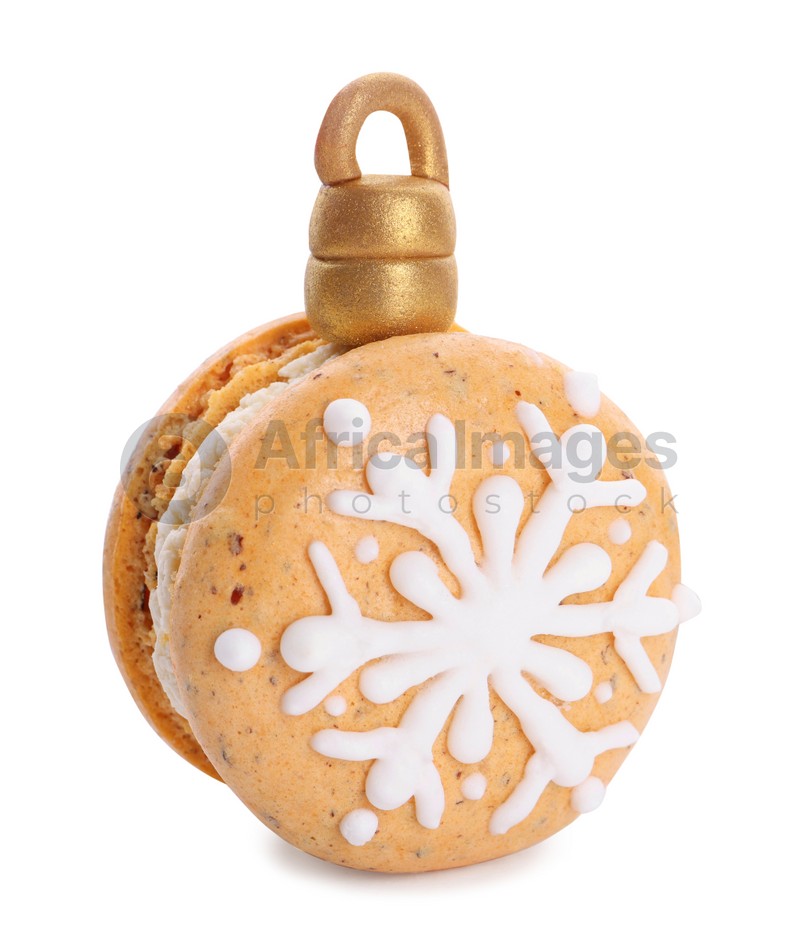 Beautiful macaron decorated as Christmas ball isolated on white
