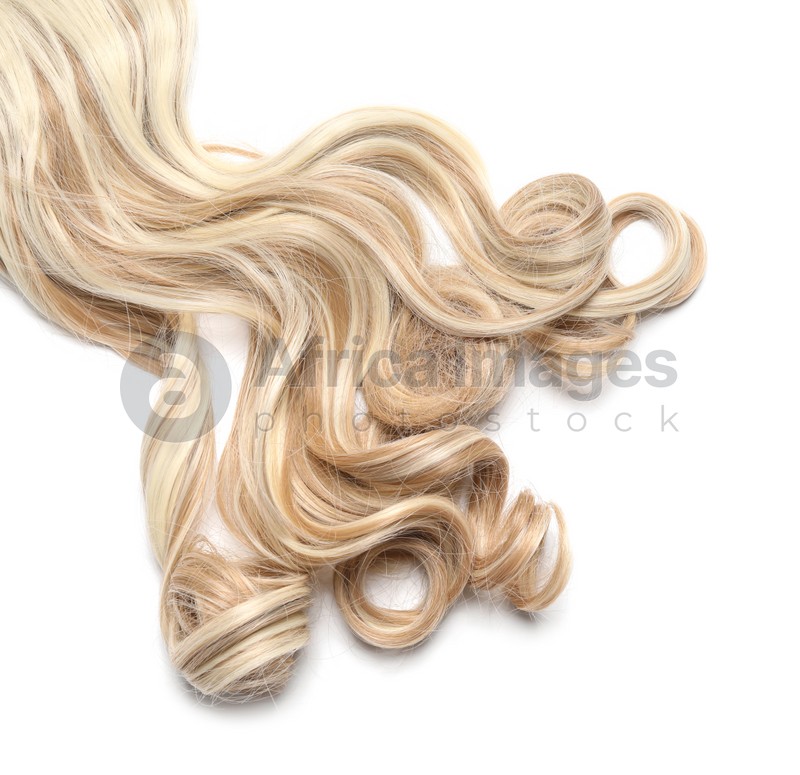 Beautiful blonde curly hair isolated on white, top view