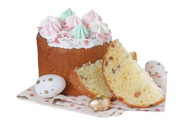 Photo of Traditional Easter cake with meringues and decorated eggs on white background