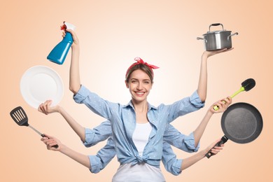 Multitask housewife with many hands holding different stuff on beige background