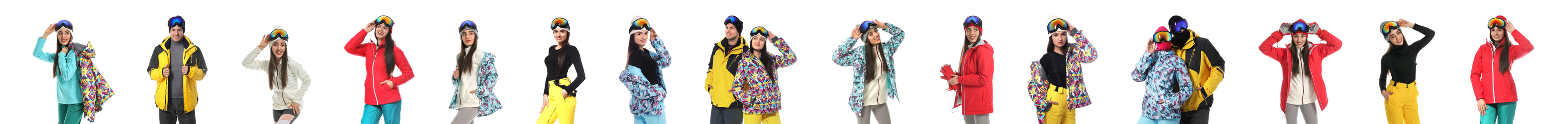Collage of people wearing winter sports clothes on white background. Banner design 