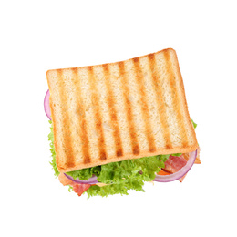 Tasty sandwich with toasted bread isolated on white, top view