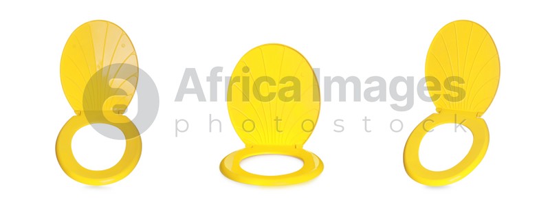 Set With Yellow Plastic Toilet Seats On White Background Banner Design Stock Photo Africa Images 767834 - White Plastic Toilet Seat Going Yellow