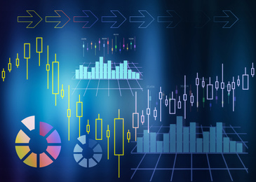 Finance trading concept. Digital charts with statistic information on blue background
