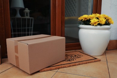 Parcel on door mat and beautiful flowers near entrance
