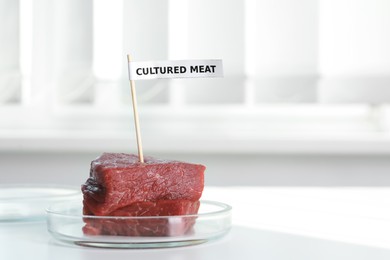 Pieces of raw cultured meat with toothpick label in Petri dish on white table indoors, space for text