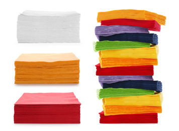 Set with colorful paper napkins on white background