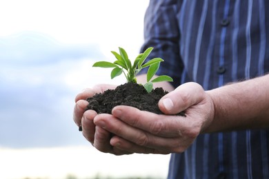 Man holding pile of soil with seedling against blue sky, closeup