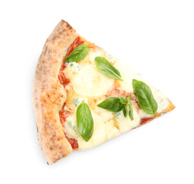 Slice of delicious pizza on white background, top view