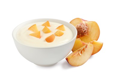 Delicious yogurt with fresh peach on white background
