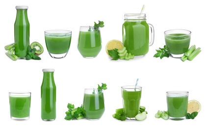 Image of Set of fresh celery juice on white background 