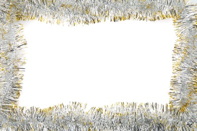 Frame of shiny tinsel on white background, top view. Space for text