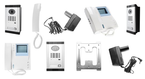 Set with modern intercom stations on white background