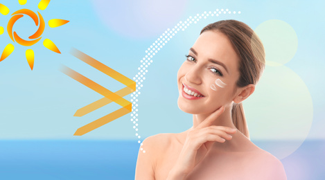 Illustration of sun protection layer and beautiful young woman with healthy skin on color background