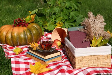 Books, cup of tea and pumpkin on plaid outdoors. Autumn atmosphere