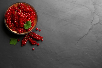 Delicious red currants on black slate table, flat lay. Space for text