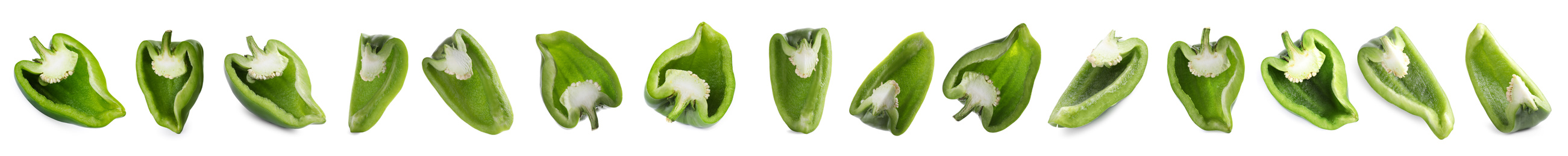 Set of cut ripe green bell peppers on white background/ Banner design 