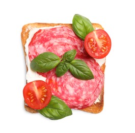 Tasty toast with cream cheese, tomato, salami and basil on white background, top view