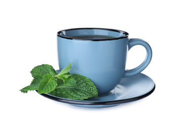 Cup with hot aromatic mint tea isolated on white