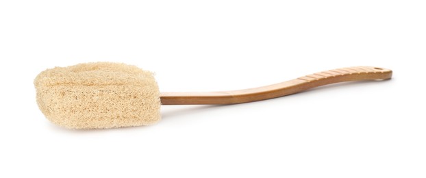 Natural loofah brush with wooden handle isolated on white