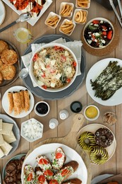 Brunch table setting with different delicious food, flat lay