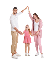 Happy family forming roof with their hands on white background. Insurance concept