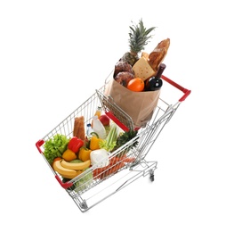 Shopping cart with groceries on white background, above view