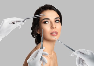Doctors with different instruments and young woman on grey background, collage. Concept of plastic surgery 