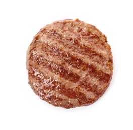 Tasty grilled hamburger patty isolated on white, top view