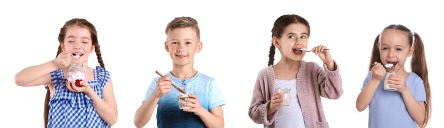 Collage with photos of cute little kids with tasty yogurts on white background. Banner design