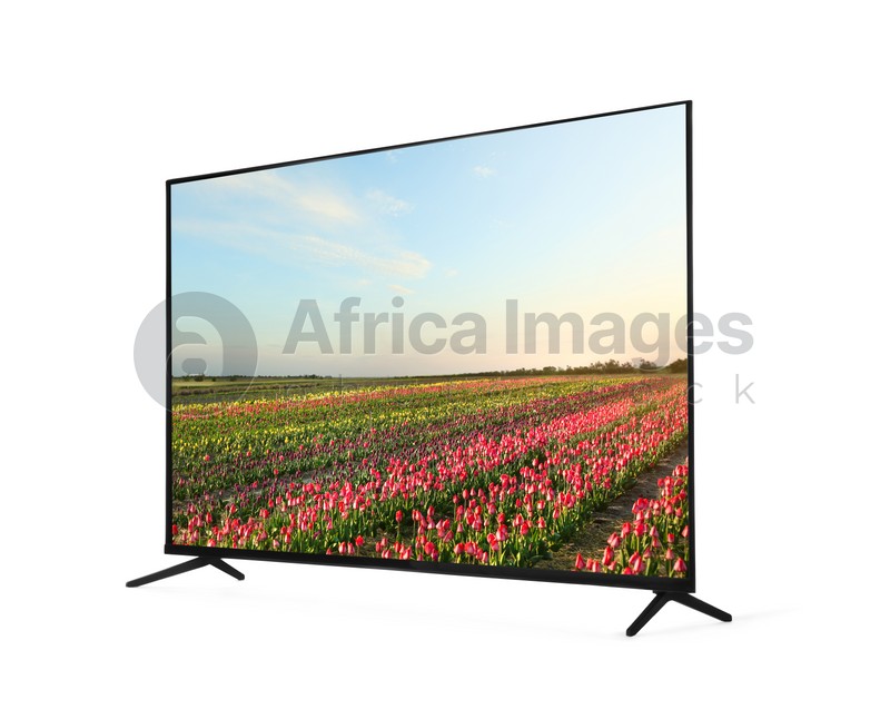 Image of Modern wide screen TV monitor showing field with beautiful tulips isolated on white