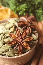 Dry anise star and cardamon seeds in bowl, closeup. Mulled wine ingredients