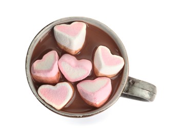 Cup of delicious hot chocolate with marshmallows isolated on white, top view