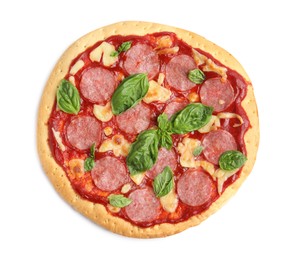 Photo of Pita pizza with pepperoni, cheese and basil isolated on white, top view