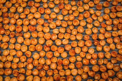 Photo of Many halved apricots on metal drying rack, flat lay