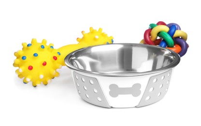 Feeding bowl and toys for pet on white background