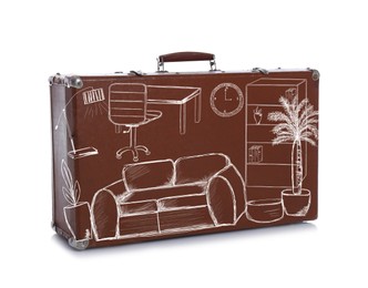 Retro brown suitcase with drawing of living room interior on white background. Moving concept