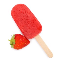 Tasty strawberry ice pop isolated on white, top view. Fruit popsicle