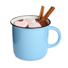Cup of delicious hot chocolate with marshmallows and cinnamon sticks isolated on white