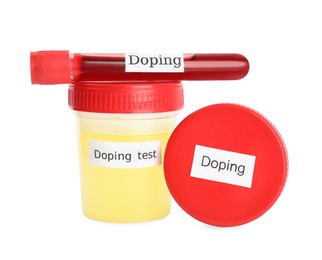 Containers with samples of blood and urine for doping control isolated on white