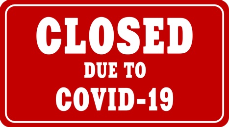 Illustration of Text Closed Due To COVID-19 on red background. Information sign 
