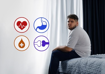 Virtual icons demonstrating different health problems and overweight man on bed at home