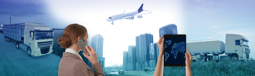 Logistics concept. People with phone and tablet, banner design. Trucks, plane and buildings on background, toned in blue