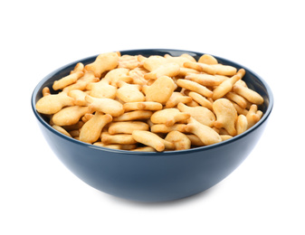 Delicious goldfish crackers in bowl isolated on white