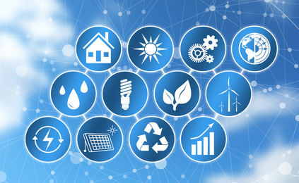 Energy efficiency concept. Different icons and sky on background