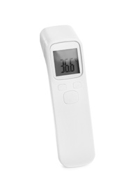 Infrared thermometer isolated on white. Checking temperature during Covid-19 pandemic