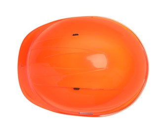 Orange hard hat isolated on white, top view. Safety equipment