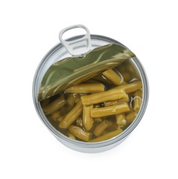 Photo of Conserved green beans in can isolated on white, top view
